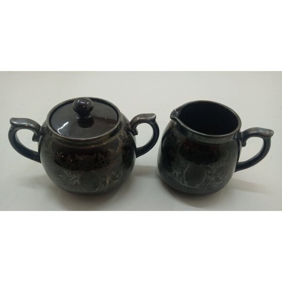 Gibson England Silver Overlay Redware Pottery Sugar Creamer Set Rustic Farm - Picture 1 of 9